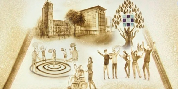 Corporate Story Sandbild, das die Elemente der Corporate Story der Evangelischen Bank darstellt